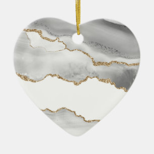 Grijs Witte Marmer Agate Verfijnde Gouden Glitter Keramisch Ornament