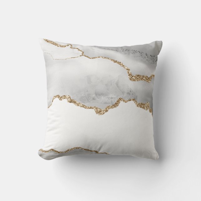Grijs Witte Marmer Agate Verfijnde Gouden Glitter Kussen (Voorkant)