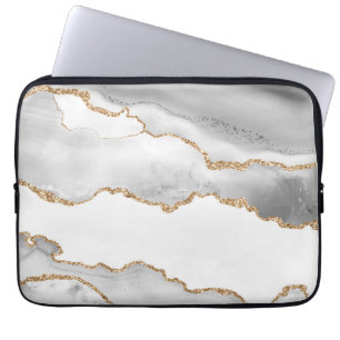 Grijs Witte Marmer Agate Verfijnde Gouden Glitter Laptop Sleeve