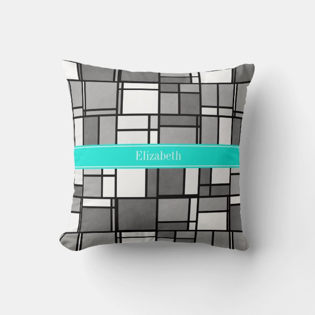 Grijs Witte Mondrian Geïnspireerde Aqua Naam Monog Kussen (Voorkant)