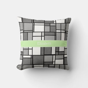 Grijs Witte Mondrian Stijl Bleekgroene Lint Monogr Kussen