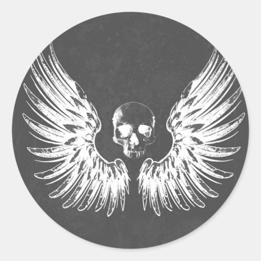 Grijs & Witte Rotsengelenvleugels Schedel Ronde Sticker (Voorkant)