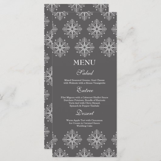 Grijs + witte sneeuwvlokken winter bruiloft voedse menu (Voorkant / Achterkant)