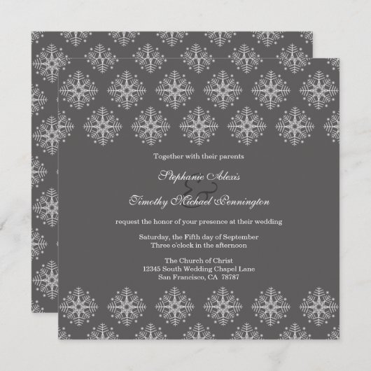 Grijs + witte sneeuwvlokken wintertrouwuitnodiging kaart (Voorkant / Achterkant)