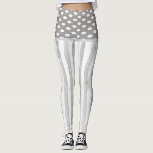 Grijs Witte Streep Cirkels Leggings (Voorkant)