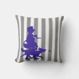 Grijs & Witte Streep Kind & Hond Blauw Silhouet Kussen