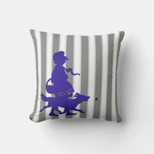 Grijs & Witte Streep Kind & Hond Blauw Silhouet Kussen