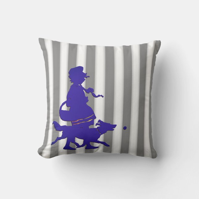 Grijs & Witte Streep Kind & Hond Blauw Silhouet Kussen (Voorkant)