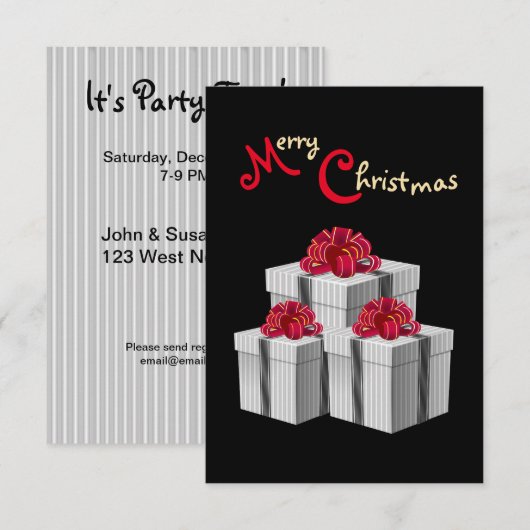 Grijs Witte Strepen Rood Lint Cadeaus op Zwart Kaart (Voorkant / Achterkant)
