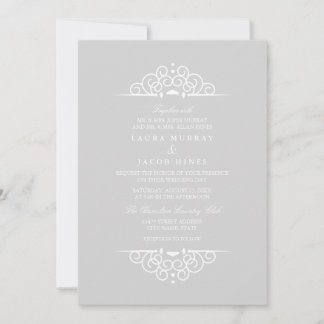 Grijs & Witte Vintage uitnodiging met scroll voor
