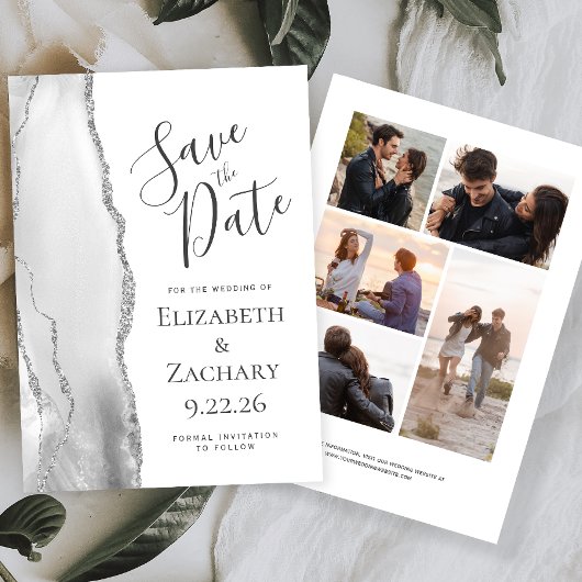 Grijs Witte Zilveren Agate 5-Foto Save the Date