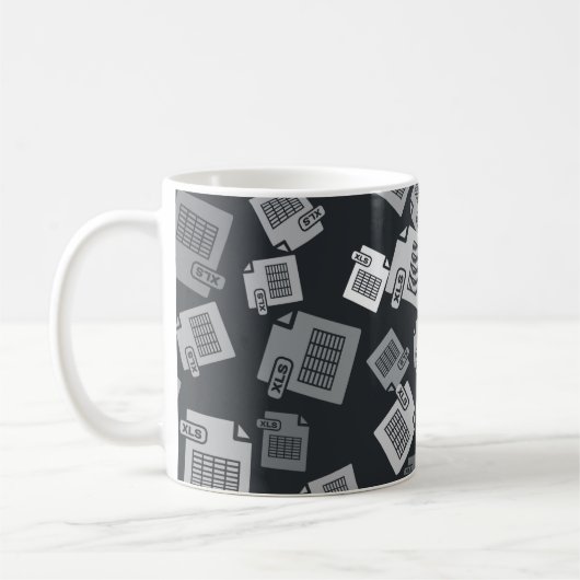 Grijs XLS-bestandsdocument. Knooppictogram van xls Koffiemok (Links)