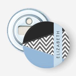 Grijs zigzag, Grijs Chevron, Blauw, Jouw naam Button Flesopener