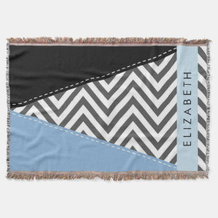 Grijs zigzag, Grijs Chevron, Blauw, Jouw naam Deken