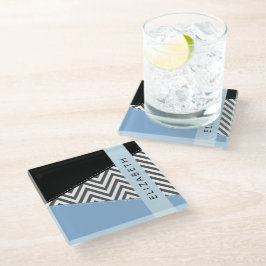 Grijs zigzag, Grijs Chevron, Blauw, Jouw naam Glazen Onderzetter