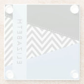 Grijs zigzag, Grijs Chevron, Blauw, Jouw naam Glazen Onderzetter (Achterkant)