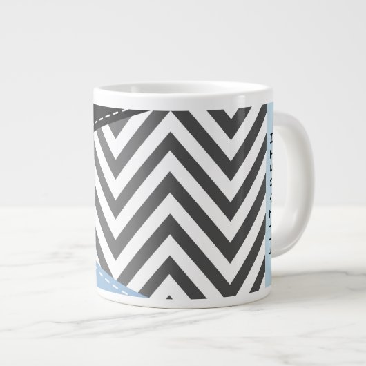 Grijs zigzag, Grijs Chevron, Blauw, Jouw naam Grote Koffiekop (Voorkant rechts)