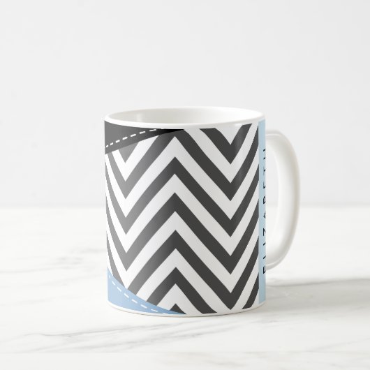 Grijs zigzag, Grijs Chevron, Blauw, Jouw naam Koffiemok (Voorkant rechts)