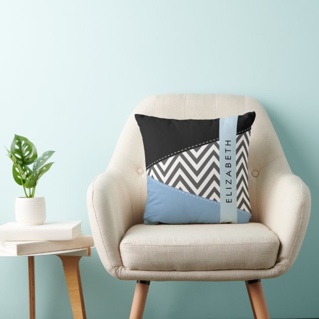 Grijs zigzag, Grijs Chevron, Blauw, Jouw naam Kussen (Stoel)