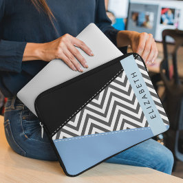 Grijs zigzag, Grijs Chevron, Blauw, Jouw naam Laptop Sleeve