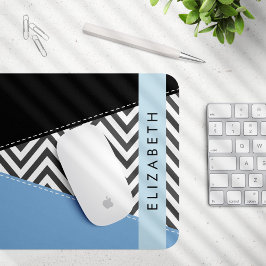 Grijs zigzag, Grijs Chevron, Blauw, Jouw naam Muismat
