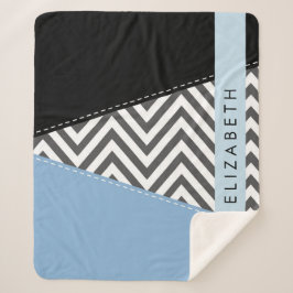 Grijs zigzag, Grijs Chevron, Blauw, Jouw naam Sherpa Deken
