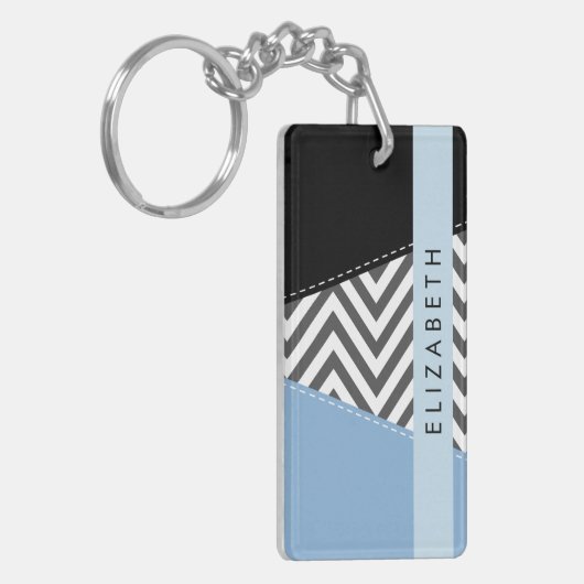 Grijs zigzag, Grijs Chevron, Blauw, Jouw naam Sleutelhanger (Voorkant Links)