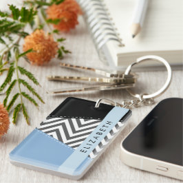 Grijs zigzag, Grijs Chevron, Blauw, Jouw naam Sleutelhanger