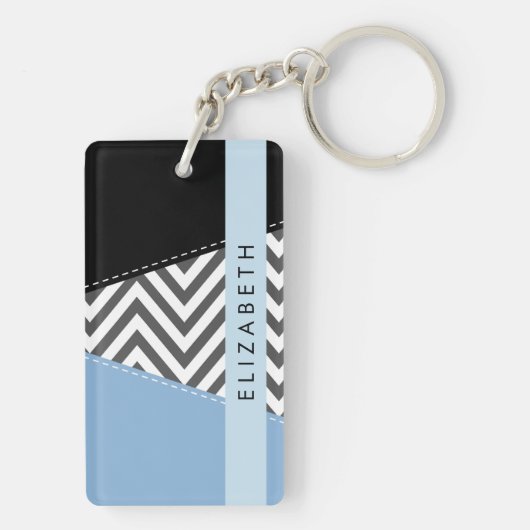 Grijs zigzag, Grijs Chevron, Blauw, Jouw naam Sleutelhanger (achterkant)