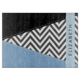 Grijs zigzag, Grijs Chevron, Blauw, Jouw naam Snijplank