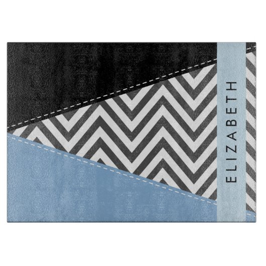 Grijs zigzag, Grijs Chevron, Blauw, Jouw naam Snijplank (Voorkant)