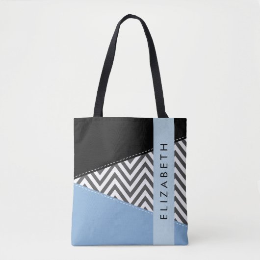 Grijs zigzag, Grijs Chevron, Blauw, Jouw naam Tote Bag (Voorkant)