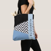 Grijs zigzag, Grijs Chevron, Blauw, Jouw naam Tote Bag (Dichtbij)