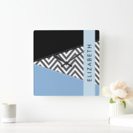 Grijs zigzag, Grijs Chevron, Blauw, Jouw naam Vierkante Klok