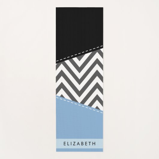 Grijs zigzag, Grijs Chevron, Blauw, Jouw naam Yogamat (Voorkant)
