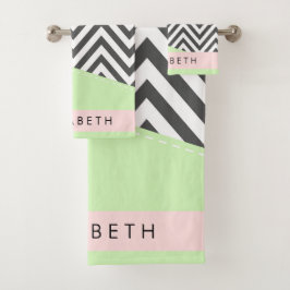 Grijs zigzag, Grijs Chevron, Mint, Jouw naam Bad Handdoek