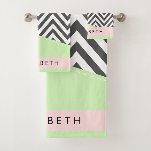 Grijs zigzag, Grijs Chevron, Mint, Jouw naam Bad Handdoek (Insitu)