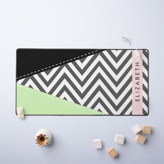 Grijs zigzag, Grijs Chevron, Mint, Jouw naam Bureaumat (Kindertafel)