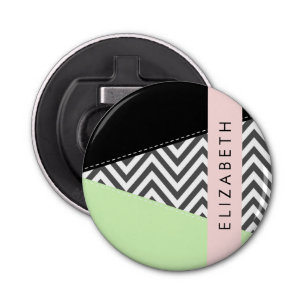 Grijs zigzag, Grijs Chevron, Mint, Jouw naam Button Flesopener