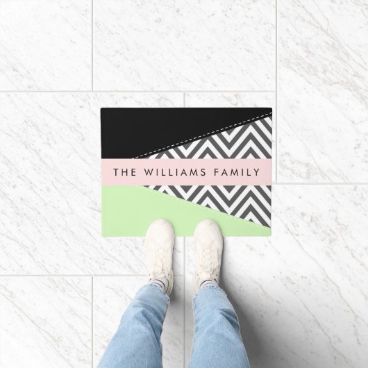 Grijs zigzag, Grijs Chevron, Mint, Jouw naam Deurmat (Binnen)