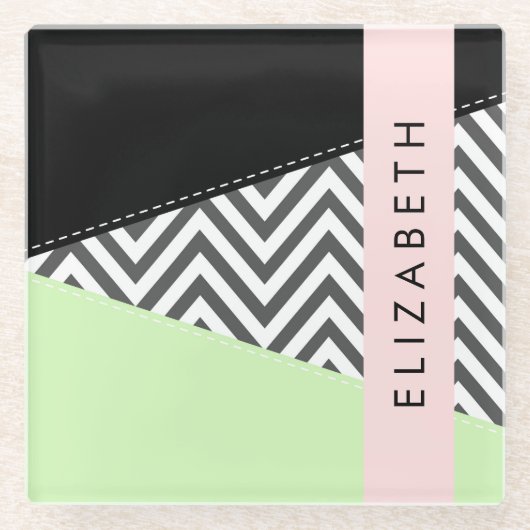 Grijs zigzag, Grijs Chevron, Mint, Jouw naam Glazen Onderzetter (Voorkant)