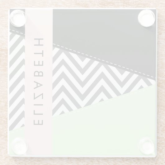 Grijs zigzag, Grijs Chevron, Mint, Jouw naam Glazen Onderzetter (Achterkant)