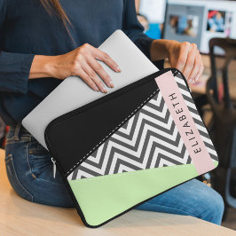 Grijs zigzag, Grijs Chevron, Mint, Jouw naam Laptop Sleeve