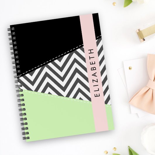 Grijs zigzag, Grijs Chevron, Mint, Jouw naam Notitieboek