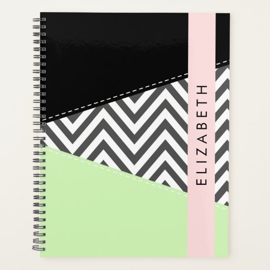 Grijs zigzag, Grijs Chevron, Mint, Jouw naam Planner (Voorkant)