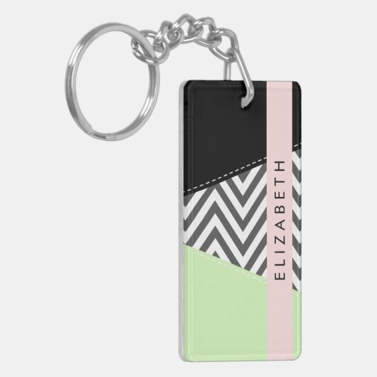 Grijs zigzag, Grijs Chevron, Mint, Jouw naam Sleutelhanger (Voorkant Links)