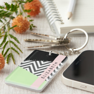 Grijs zigzag, Grijs Chevron, Mint, Jouw naam Sleutelhanger