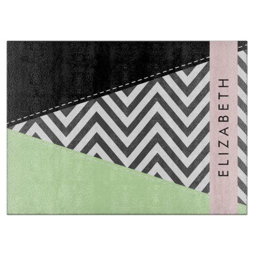 Grijs zigzag, Grijs Chevron, Mint, Jouw naam Snijplank (Voorkant)