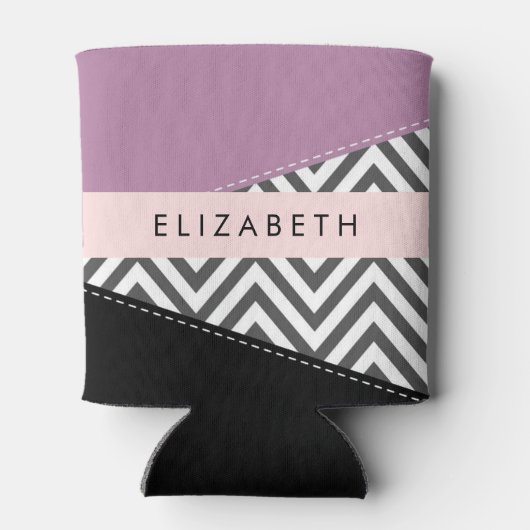 Grijs zigzag, Grijs Chevron, Paarse, Jouw naam Blikjeskoeler (Achterkant)