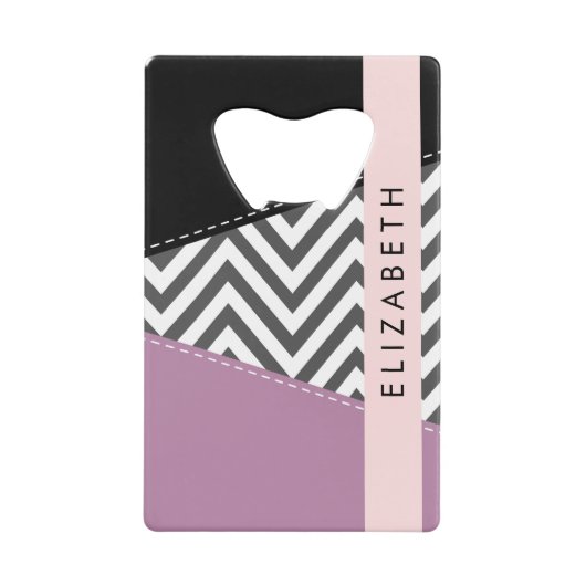 Grijs zigzag, Grijs Chevron, Paarse, Jouw naam Creditkaart Flessenopener (Voorkant)